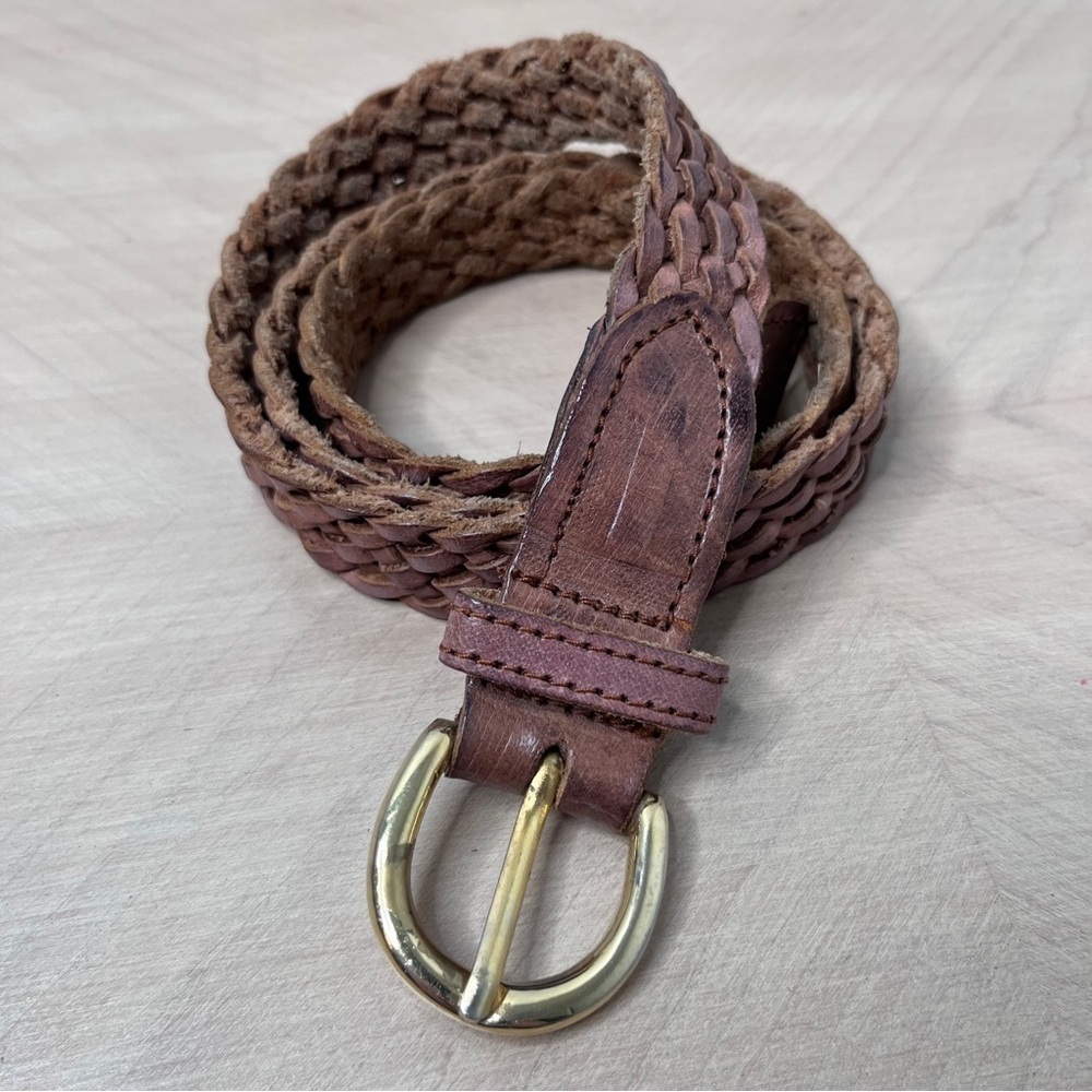 Tan Woven Leather Belt with Brass Tone Buckle Casual 1” wide